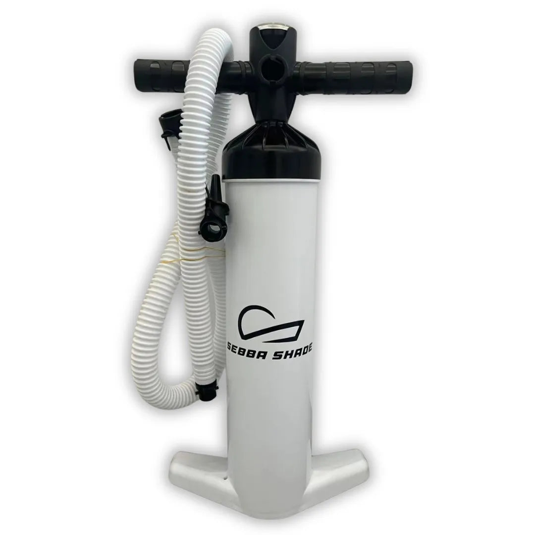 Sebba Shade branded dual-action hand pump with high-pressure hose and ergonomic handle, designed for rapid 8.0 PSI deployment.