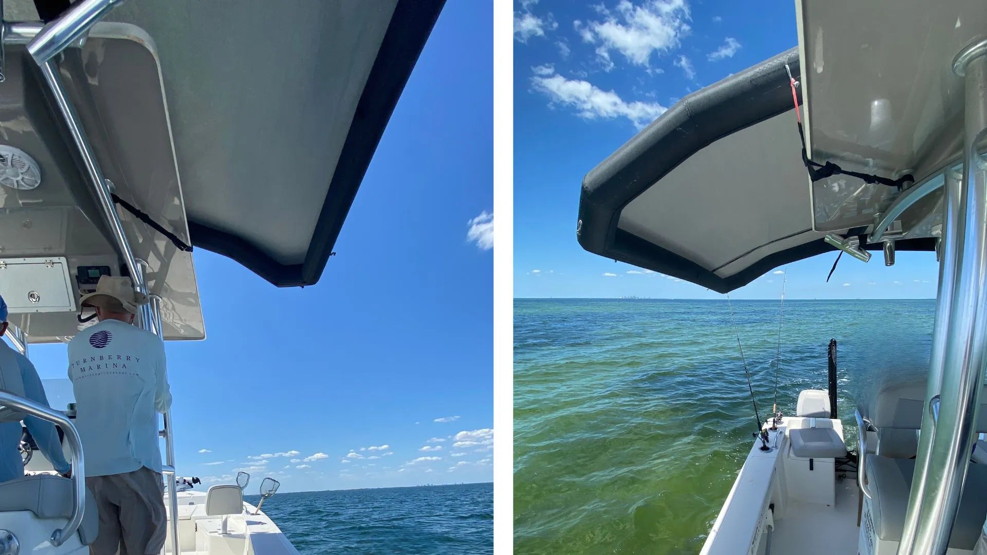 Two side-by-side close-up images demonstrating the precise rigging technique for the Sebba Shade forward strap, ensuring the leading edge is properly tensioned for 45 MPH high-speed stability.