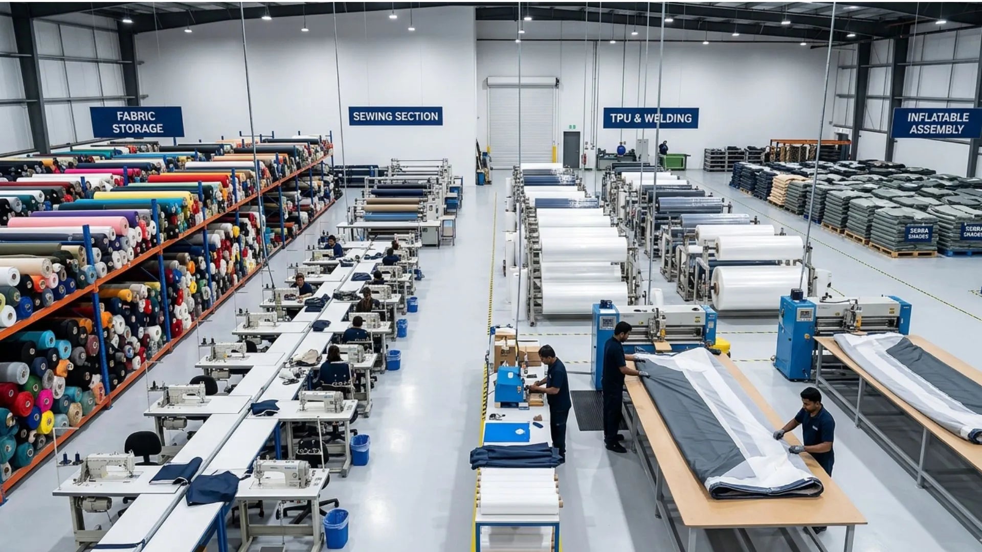 The Sebba Shade manufacturing facility floor, showcasing the industrial production environment where professional wind-sport technology, RF-welding, and heavy-duty structural composites are combined to engineer marine-grade inflatable boat shades.