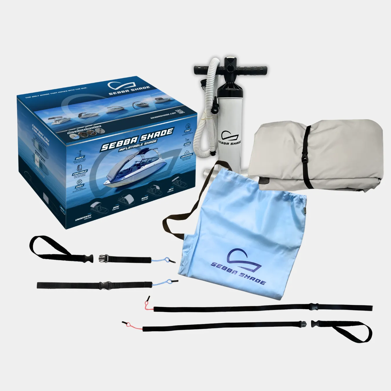 The complete Sebba Shade kit including the Mach-Shield 45 canopy and 8.0 PSI AeroCasing structural airframe, color-coded Dyneema straps, oversized carry bag, and high-volume dual-action pump.