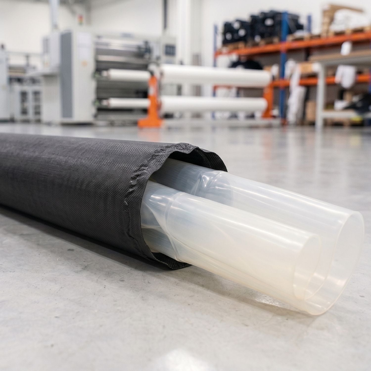 A technical cross-section photograph of the Sebba Shade dual-layer airframe system. The image reveals the internal polyether-based TPU bladder emerging from the high-tenacity 150x250 weave AeroCasing™ exoskeleton, demonstrating the structural engineering between the internal pressure engine and the protective outer shell.