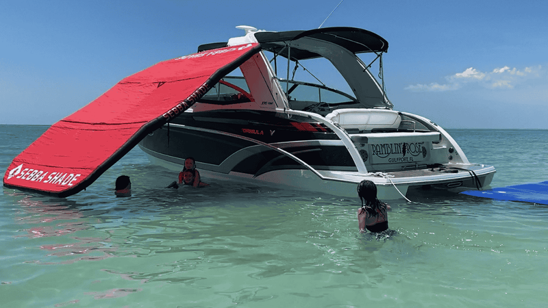 Cinematic video of the patented Sebba Shade multidirectional inflatable boat canopy cruising at 45 mph. The loop demonstrates 360-degree sun protection, the rigid high-pressure air-frame, and universal attachment to a center console T-Top on the water.