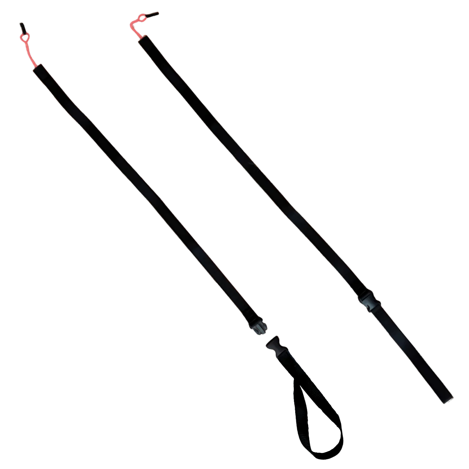 Comparison of the 4-foot red Dyneema® straps, demonstrating the buckle interface and the universal loop-end for secure boat cleat attachment.