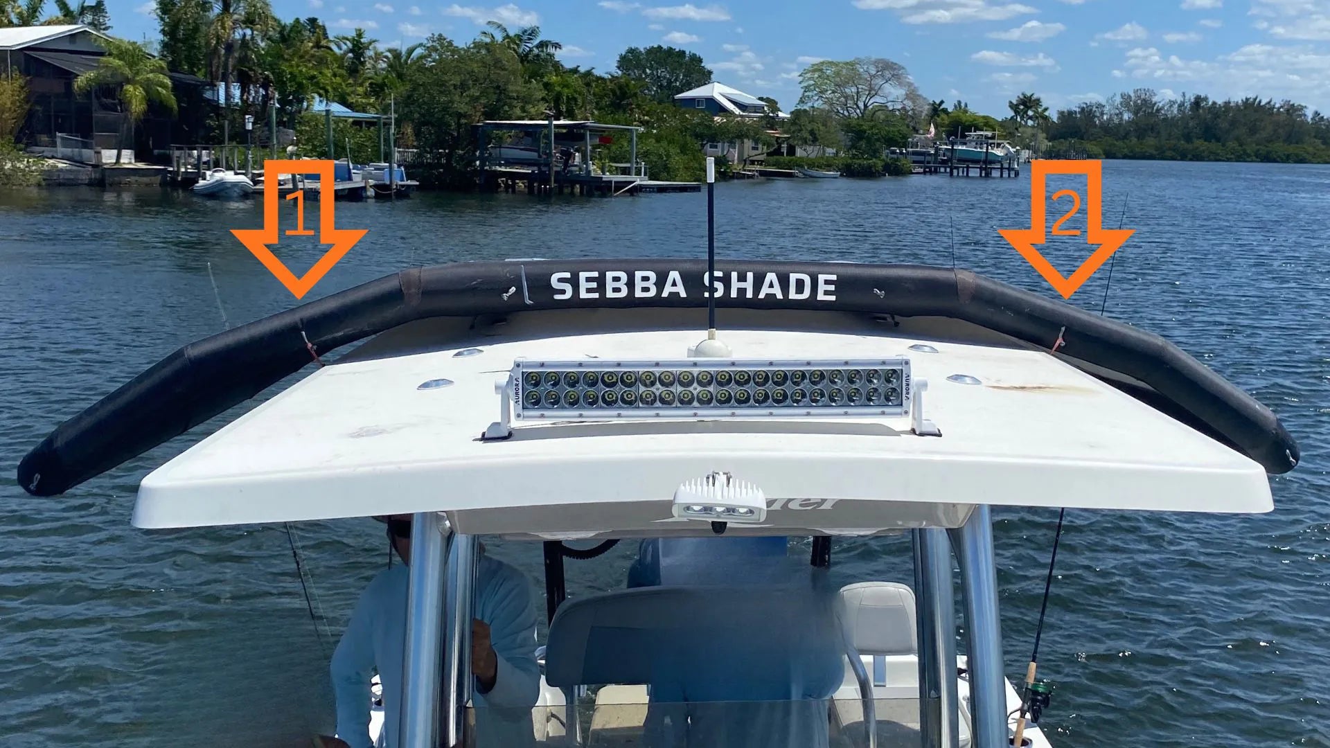 Top-down view of the Sebba Shade 6x9 marine canopy mounted on a center console T-top. The image highlights the two forward AeroCasing pigtails required to secure the leading edge for the 45 MPH underway position.