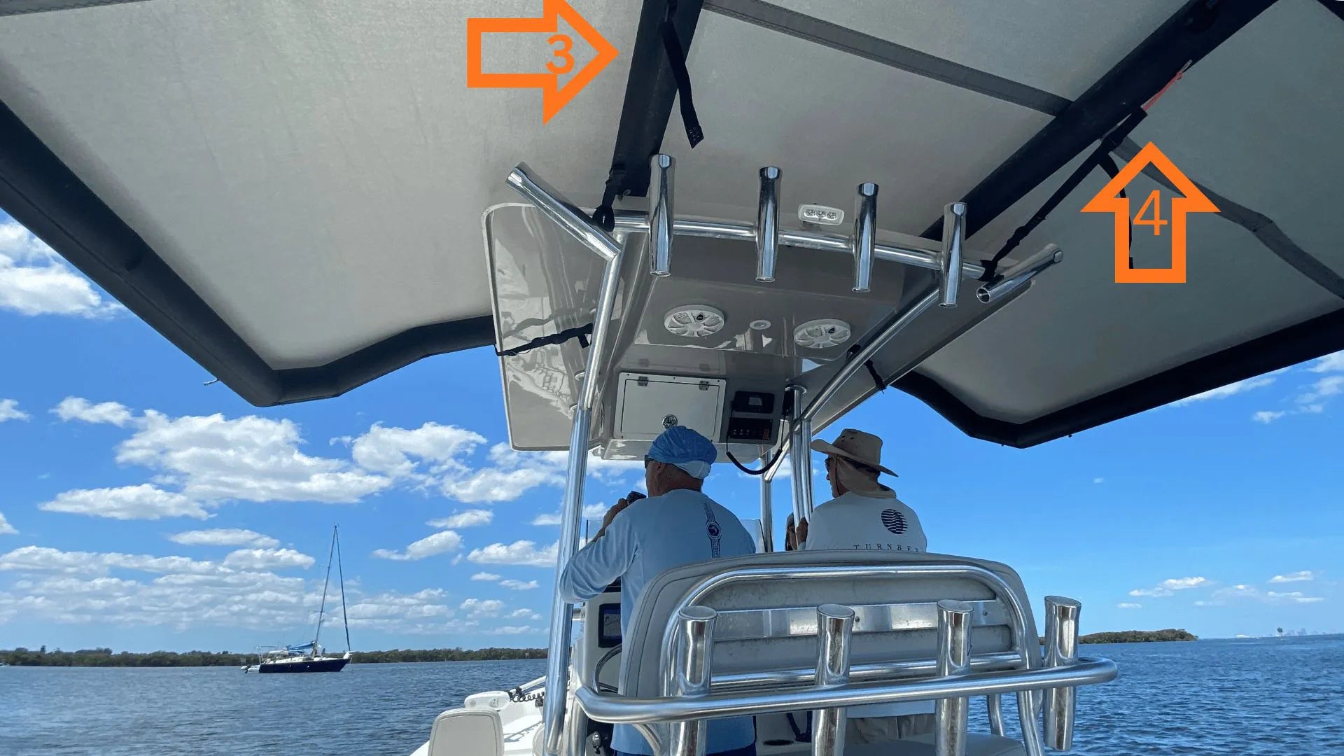 Underside view of the Sebba Shade 6x9 cantilevered over the rear of a boat. It illustrates the 45 MPH underway rigging, showing the Dyneema lines connected to the center strut pigtails and the boat-side strap looped safely around the tower frame.