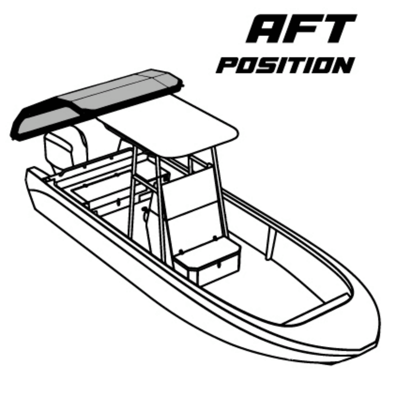 Aft position rigging diagram for the Sebba Shade, showing total cockpit solar isolation using the Mach-Shield 45™ canopy over the stern seating area.