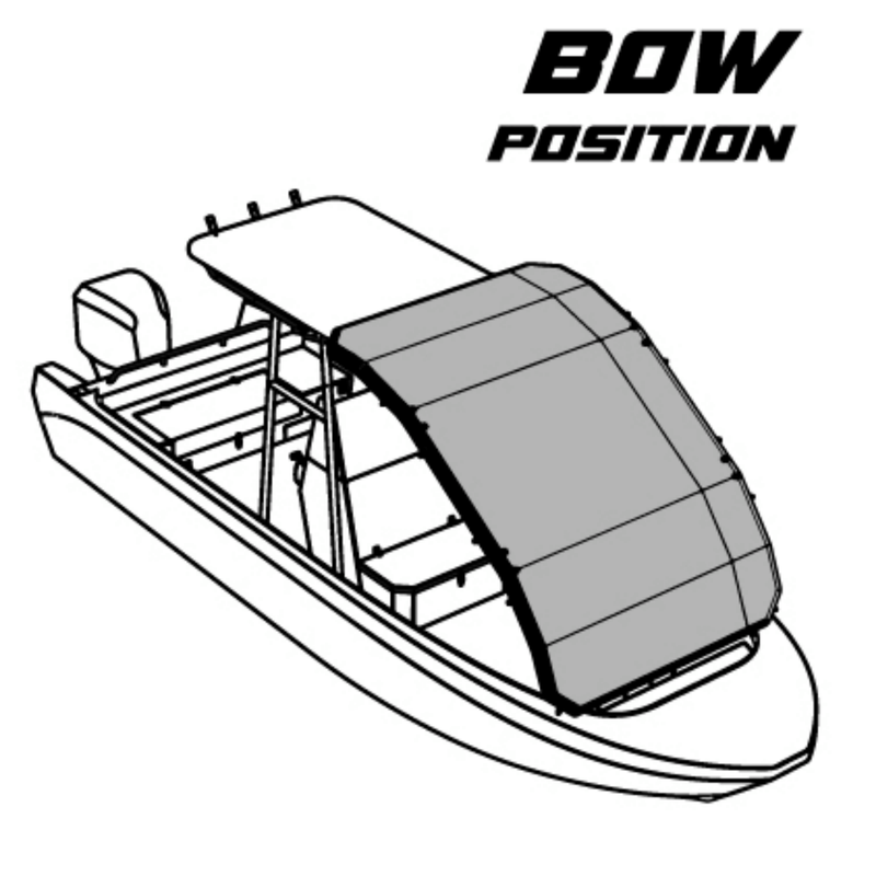 Diagram of the Sebba Shade rigged in the Bow position, highlighting the arched AeroCasing™ profile providing superior vaulted headroom for forward seating.