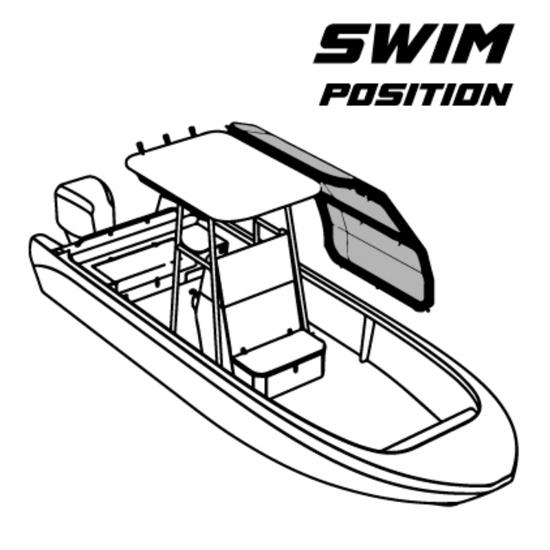 Diagram of the Sebba Shade in Swim position, demonstrating the 100% metal-free inflatable frame floating on the water to create a shaded swimming sanctuary.