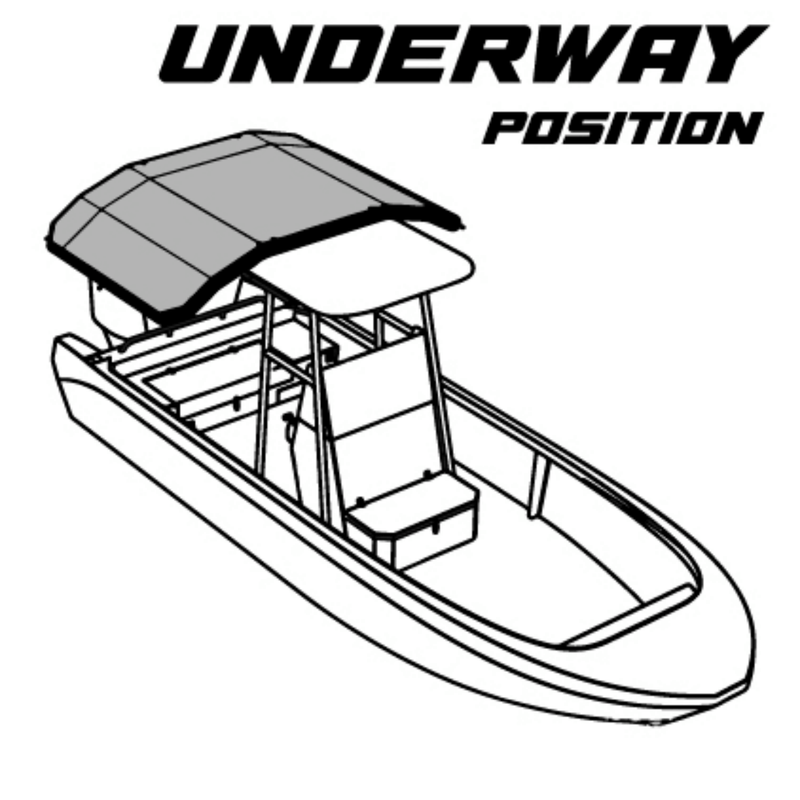 Schematic diagram of the Sebba Shade in Underway position, demonstrating 45-MPH stability and cantilevered AeroCasing™ architecture for high-speed cruising.