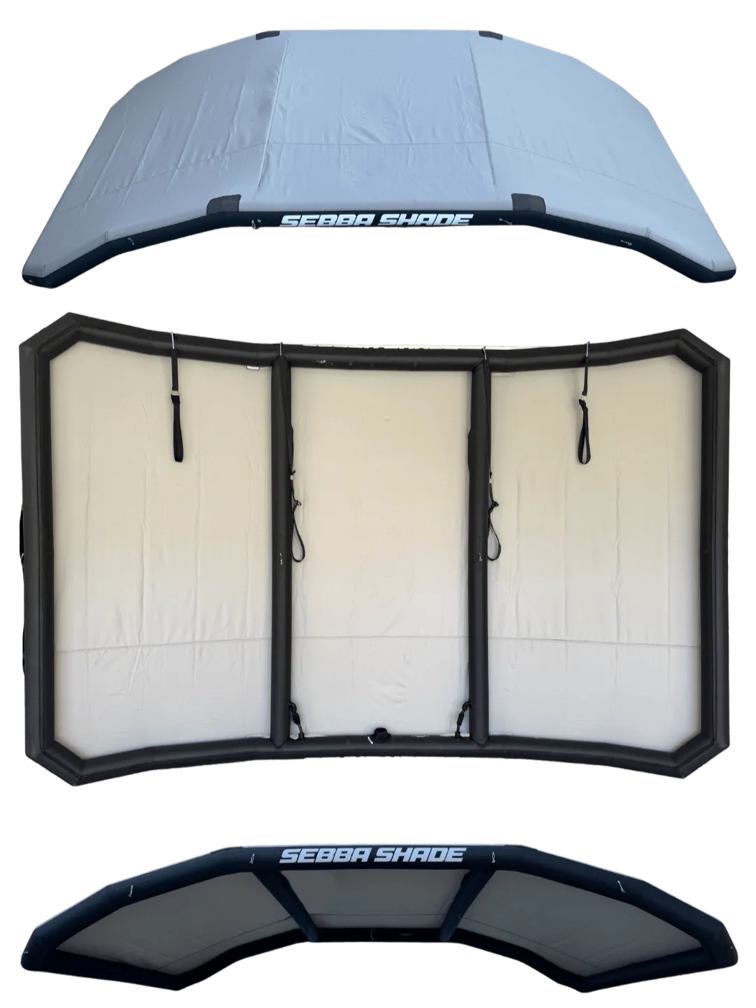 Technical view from beneath the Sebba Shade, showcasing the high-tension AeroCasing™ airframe and the Mach-Shield™ 45 fabric canopy, engineered for UPF 2000 radiation isolation and structural stability.
