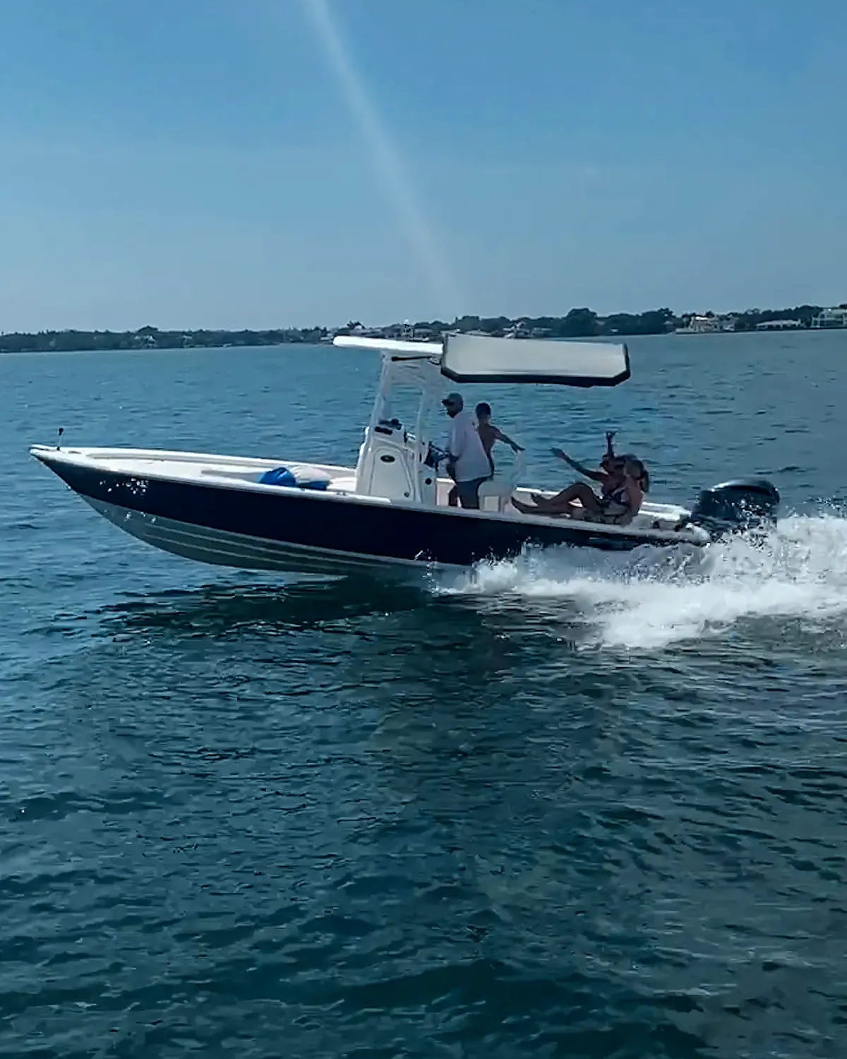 Vertical view of Sebba Shade boat canopy demonstrating high-speed aerodynamic stability at 45 MPH.