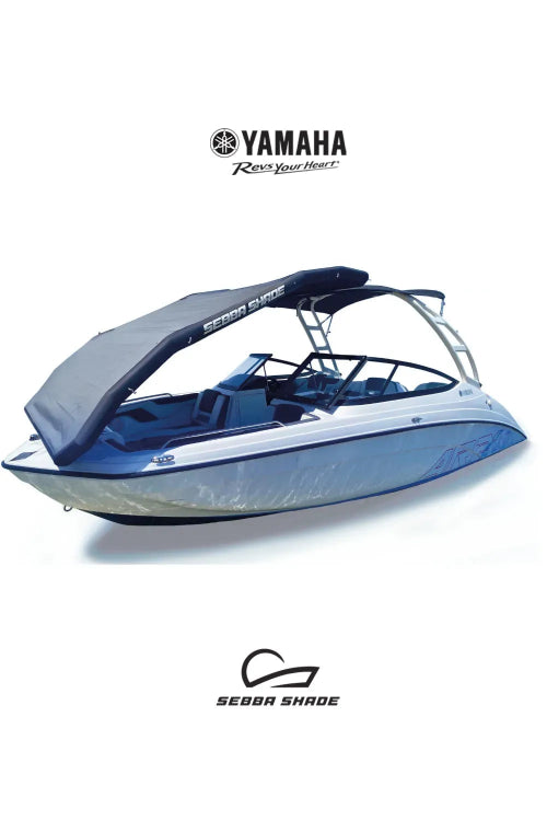 The Sebba Shade deployed on a Yamaha AR210 boat, featuring the Yamaha Revs Your Heart logo, demonstrating official factory-grade integration and high-speed stability.